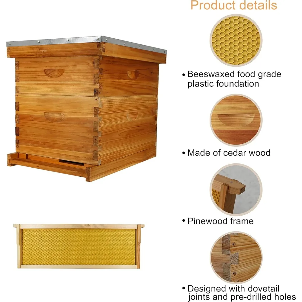 10-Frame Bee Hive Complete Beehive Kit Beeswax Coated Beehive Include Frames and Foundation Sheets for All Beekeeping Levels