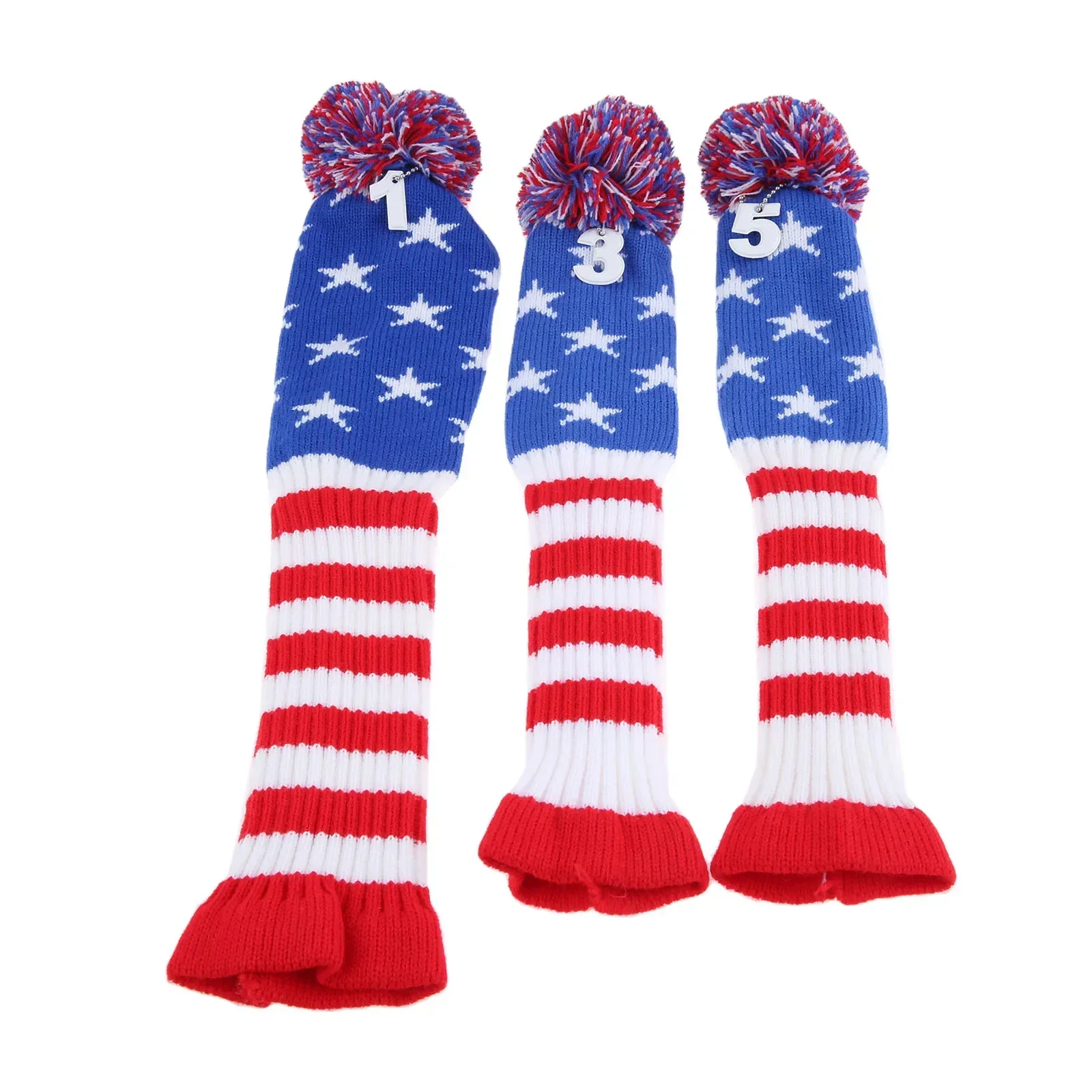 3 Pcs Stars & Stripes Knitted Pom Pom Golf Wood Club Head Covers Protect Set With Number 1,3,5 Long Neck Sock Golf Headcovers