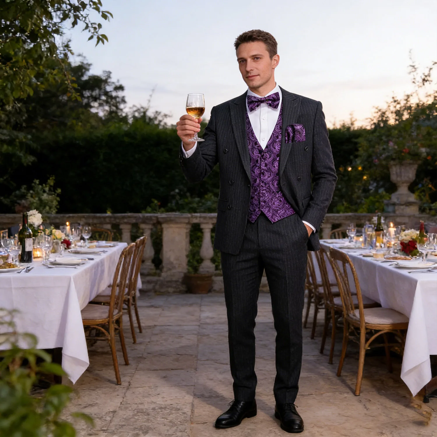 

Мужской элегантный фиолетовый жилет с V-образным вырезом и узором пейсли, с галстуком-бабочкой, запонками и платком, для свадьбы, вечеринки, подарка, повседневной носки, для мальчиков