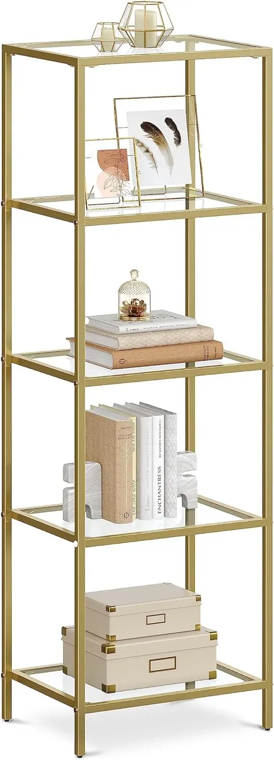 VASAGLE Bookcase, 5-Tier Bookshelf, Slim Shelving Unit for Bedroom, Bathroom, Home Office, Tempered Glass, Steel Frame, Metallic