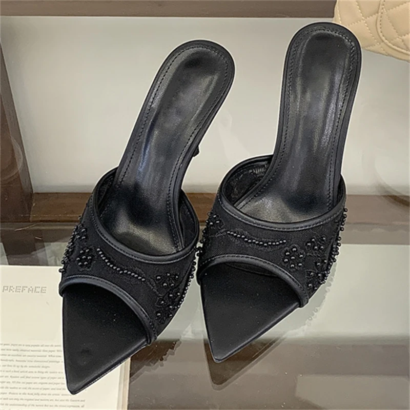 Aneikeh Summer Retro Elegance Embroidered Mesh High Heels Pointed Toe Women Slippers Mules Party Dress Slide Lady Pumps Shoes view 5