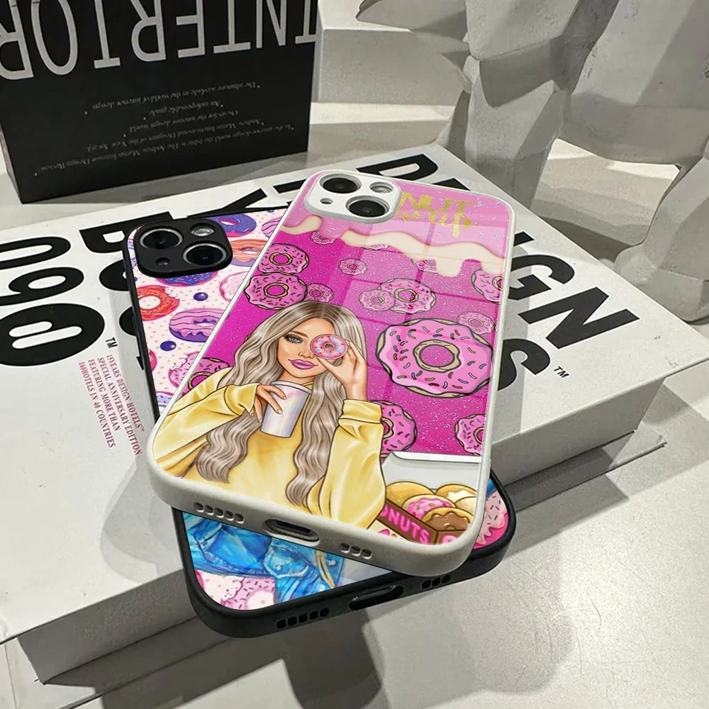 For IPhone 13Pro Cute Donuts Pink Pretty Girls Phone Case Tempered Glass IPhone 14 11 12 XR XS MAX 7/8 X Plus 12 White Cover