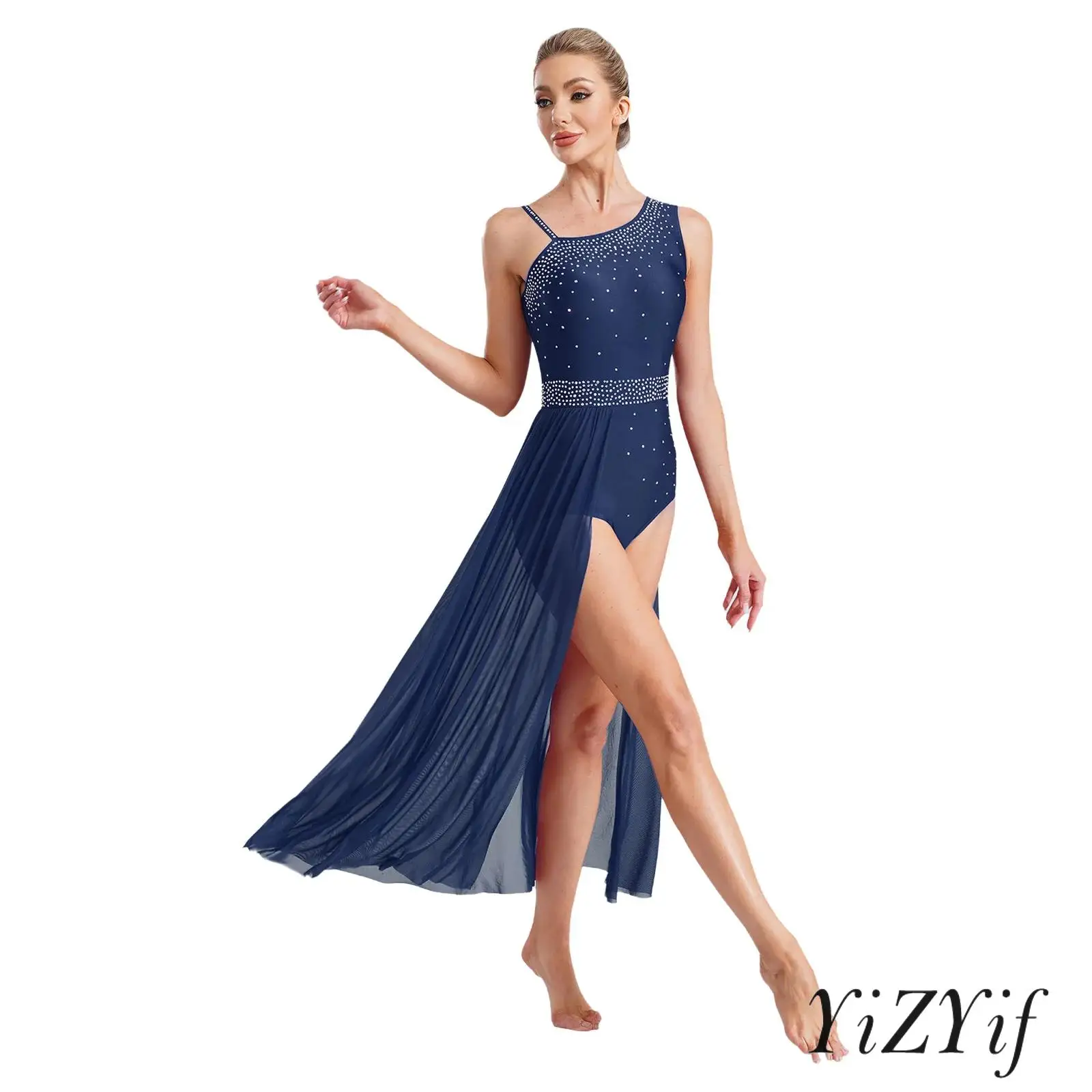 

Sparkling Rhinestone Lyrical Modern Dance Dress for Womens Asymmetric Spaghetti Wide Strap with Built-in Briefs Mesh Skirt