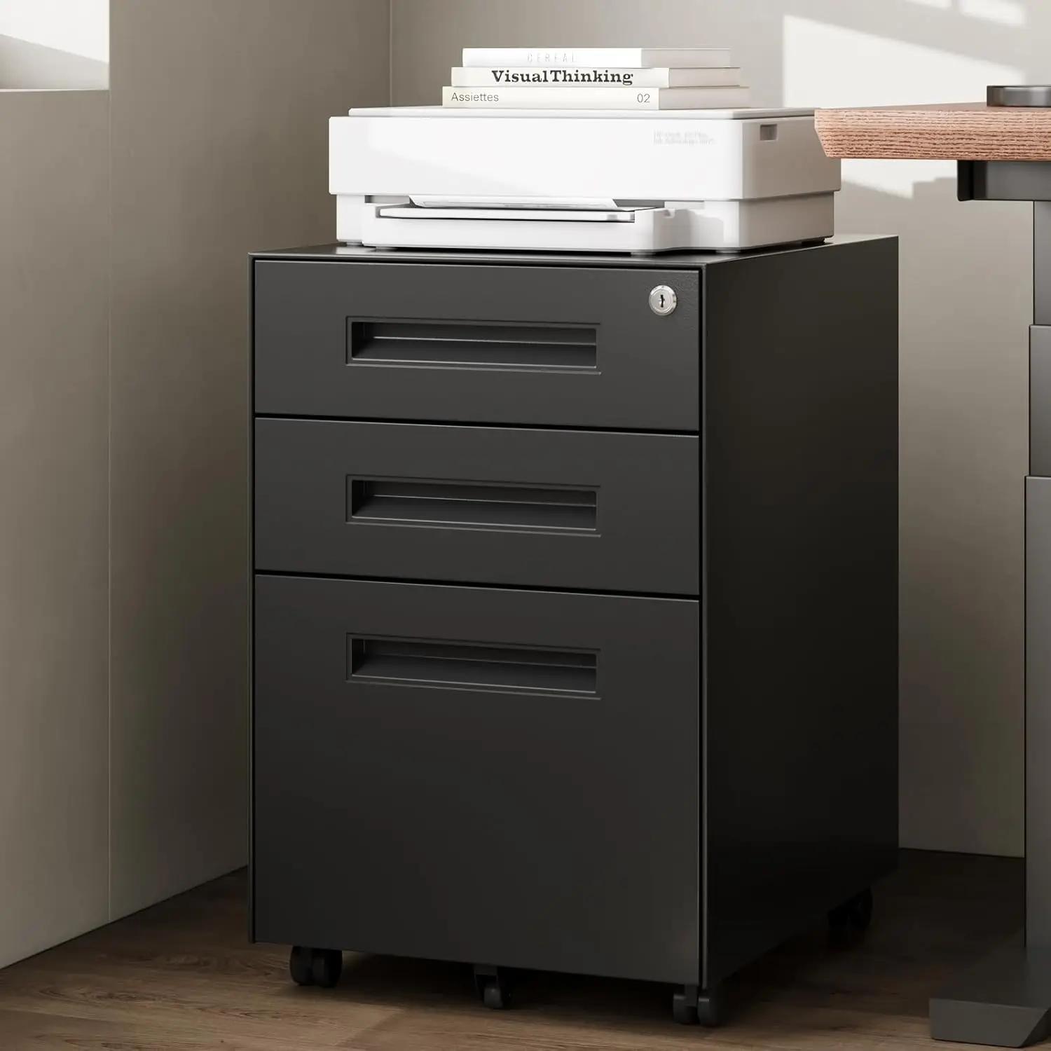 

3 Drawer File Cabinet, Mobile File Cabinet With Lock On Wheels, Letter/Legal Size, Fully Assembled, Modern Small, Customized