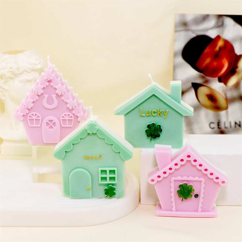 

3d Four-leaf Clover House Flat Silicone Molds House Shape Plaster Decoration Three-leaf Clover Resin Mold Candle Making Supplies