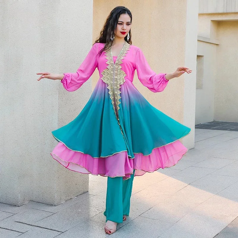 التدرج الألوان الشعبية زي بانداري أداء مجموعة المنافسة وتتسابق الثناء الرقص المطرزة التنانير الكاملة السراويل الزي #2