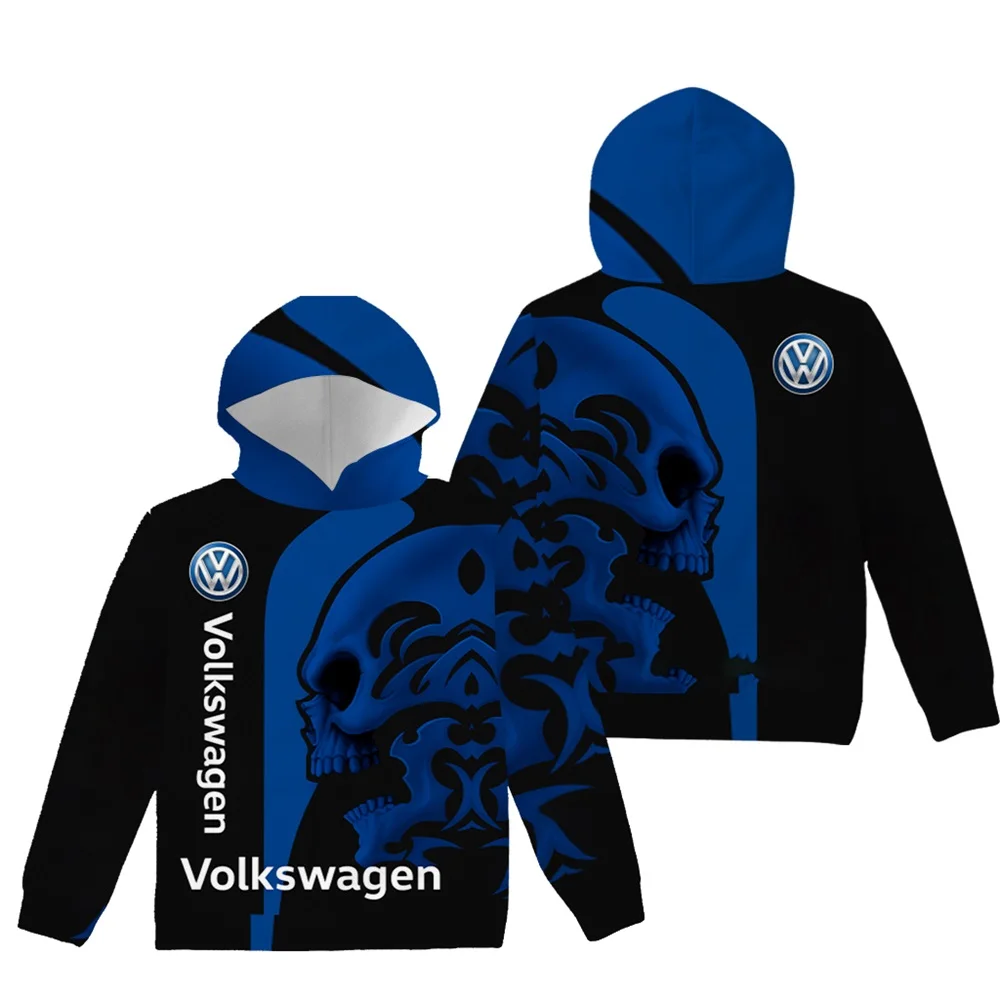 New Volkswagen brand hoodie for autumn 2025, featuring blue and white patchwork design with a touch of casual retro style