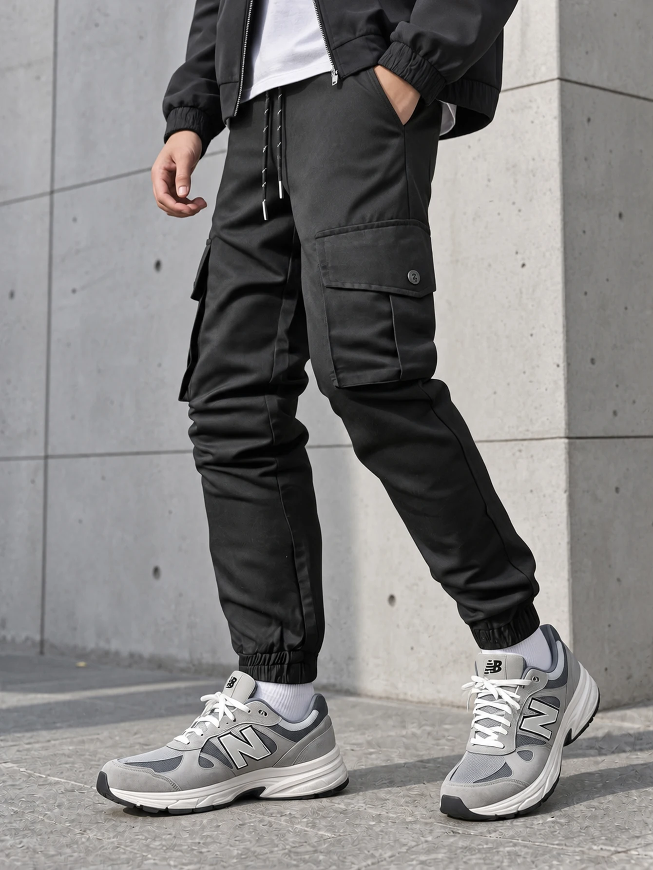 Herren Cargo-Jogginghose, schwarze, lässige, taktische Hose mit elastischem Bund, Kordelzug, mehreren Taschen, Arbeitskleidung, tailliert, mit Umschlagbündchen – Detail 1