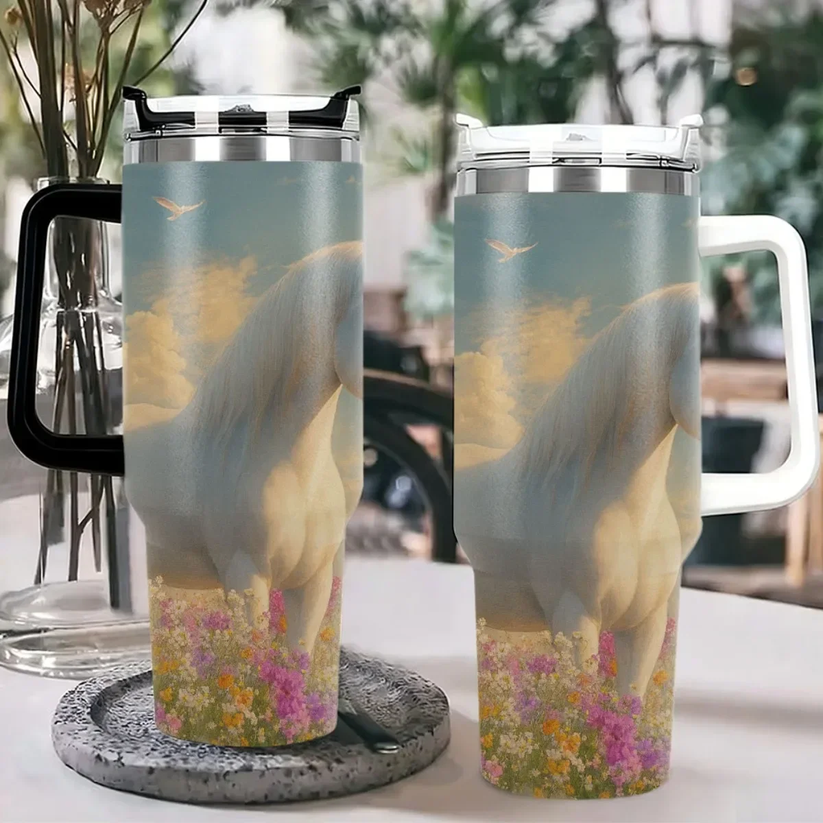 One 40Oz Stainless Steel Soda Can Featuring a Lid And Straw - Designed with an Artistic White Horse Motif, Sturdy And Fits in Car Cup Holders, Perfect for Summer Beverages with Ice at Home, in The Office