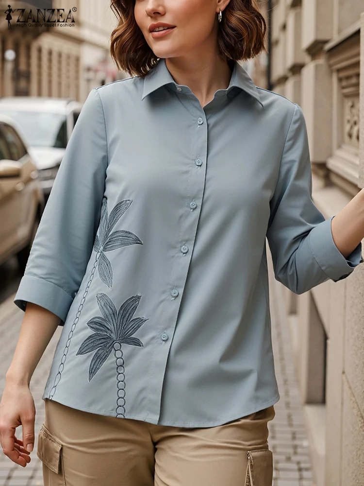2025ZANZEA Herfst Shirts Vrouwen Bloemen Geborduurde Blouse Casual V-hals 3/4 Mouw Knoppen Blusas Vrouwelijke OL Werk Tops