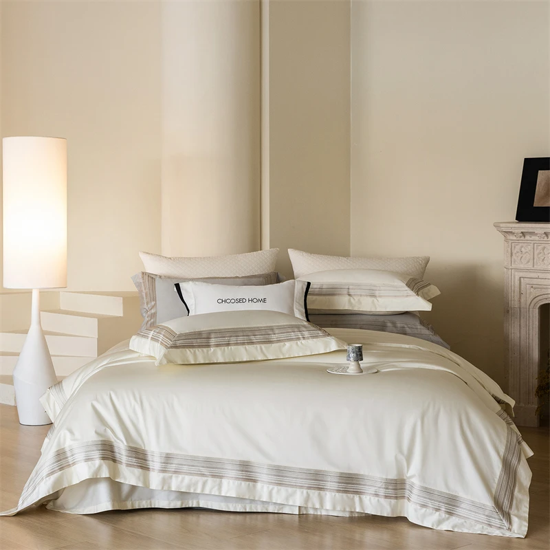 1000TC Egyptian Cotton Modern Luxury Hotel Style Bedding Set Striped Embroidery Border Duvet Cover Set Bed Sheet Pillowcase 4Pcs