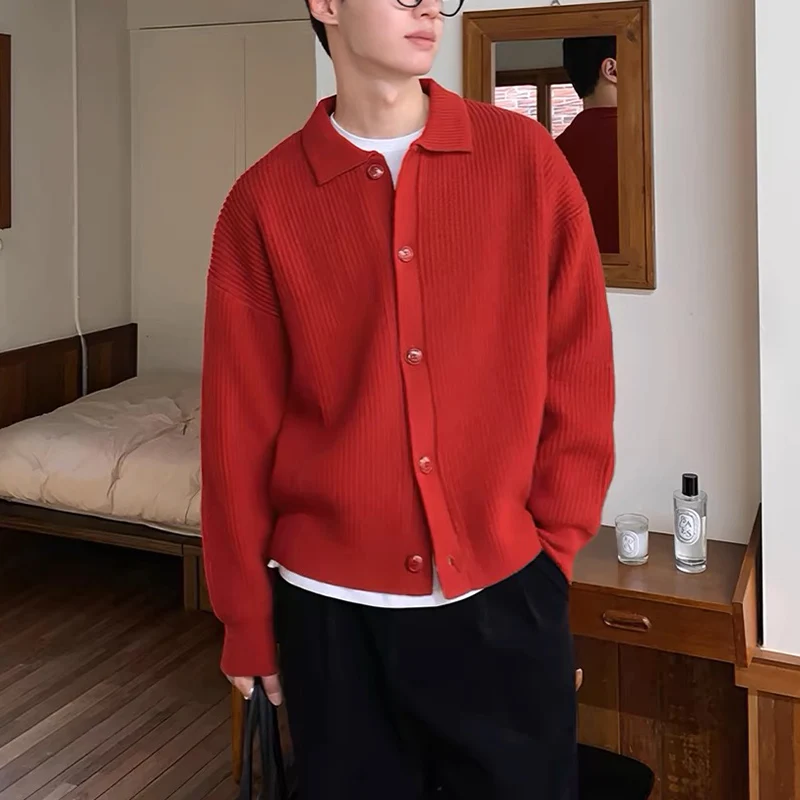 Men\'s Trend Red Green Daily Baggy Sweaters Button Cozy Knitted Cardiga Stylish Thermal Solid Color Long Sleeve Outerwears Male