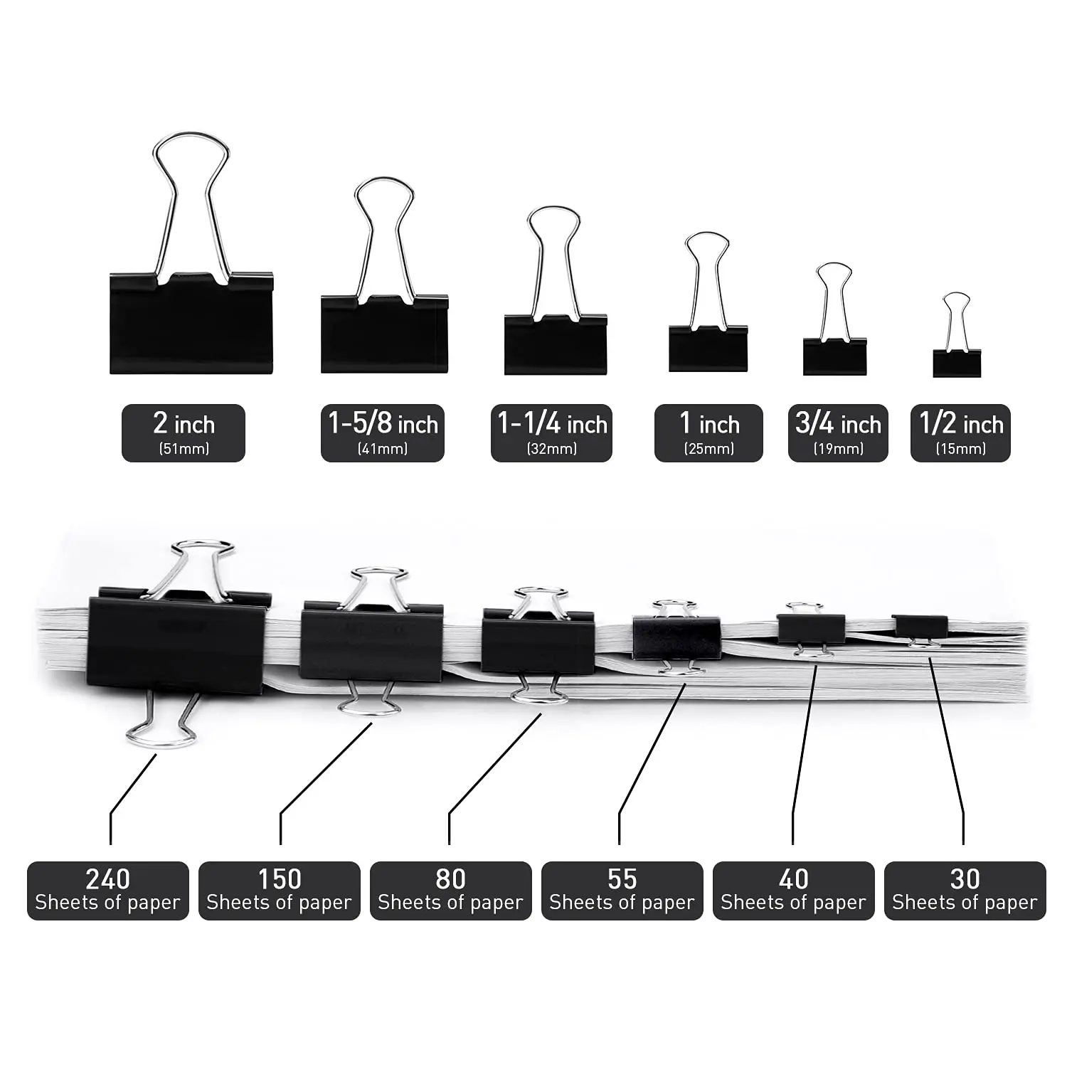 12 Pcs Black 5/8 Capacity 15mm School Business Mini Clip Width Metal Binding File Clips