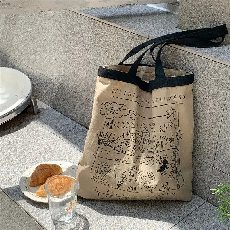 2023 Women Canvas Tote Bag Large Capacity Reusable Cotton Cloth Shopping Bag Japanese Casual Graffiti Handbag Shoulder Bag Tote