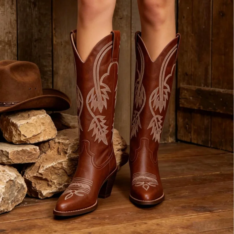 White Cowboy Boots Women Pointed Toe Chunky Heel Knee High Boots Festival Shoes Country Concert Vintage Combat Boots For Women