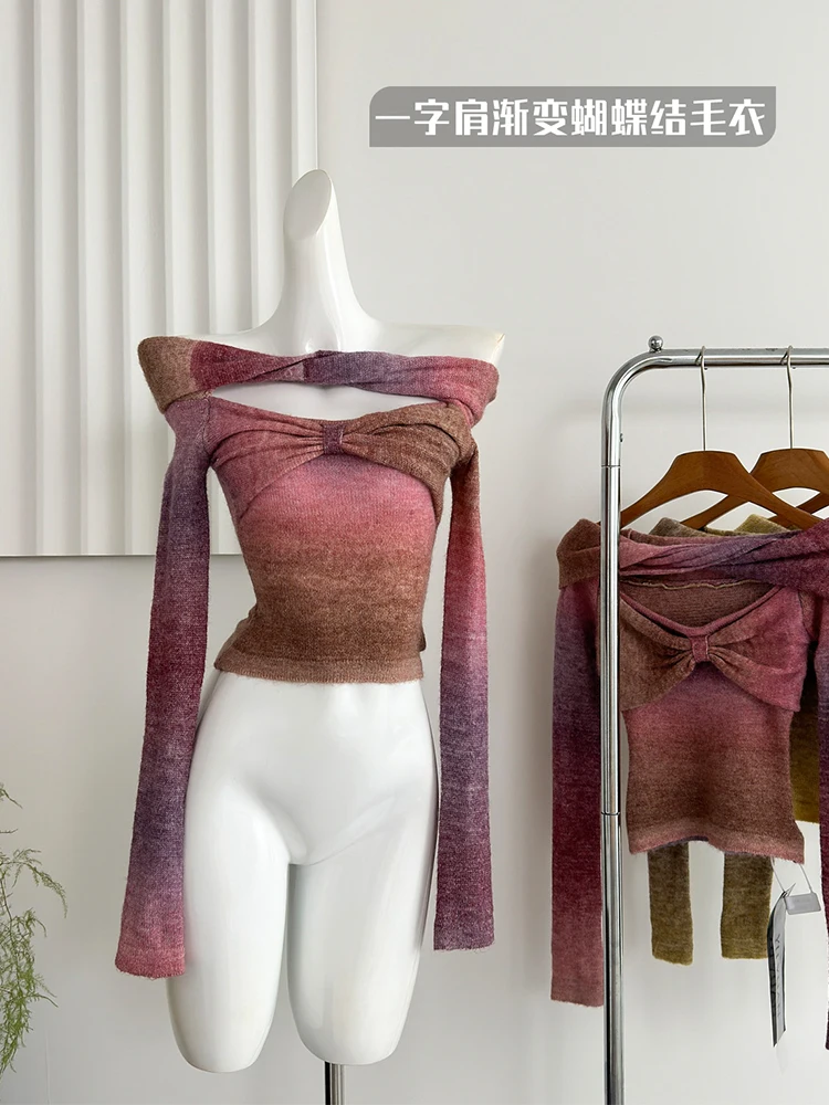 

Women's Purple Pullover Cashmere Sweater Harajuku Y2k Long Sleeves Slash Neck Hollow Out Sweaters Jumper Vintage 2000s Clothes