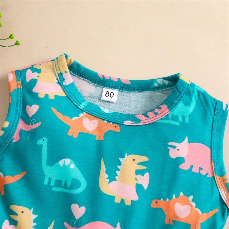 2023 Girls Summer Casual Dress Dinosaur Print Gauze Round Neck Sleeveless Princess Dresses for Kids