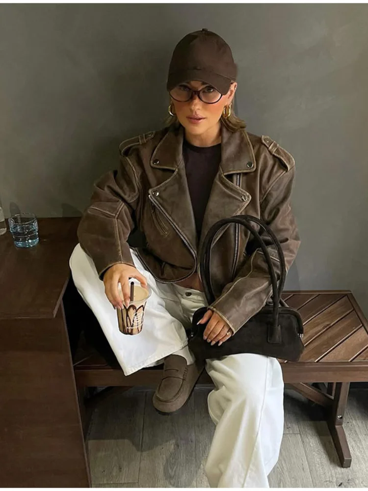 Moda sólida lapela jaqueta de couro curto feminino manga cheia bolsos com zíper casaco solto senhora 2025 outono diário deslocamento rua wear