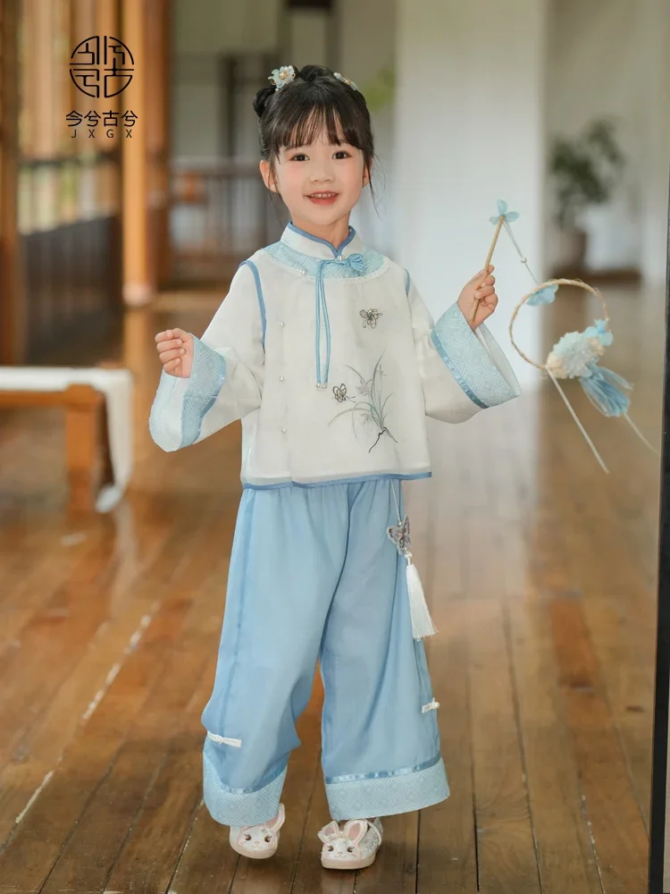 Осенний костюм Hanfu для девочек, новинка 2024, антикварный детский топ в национальном стиле Тан для маленьких девочек