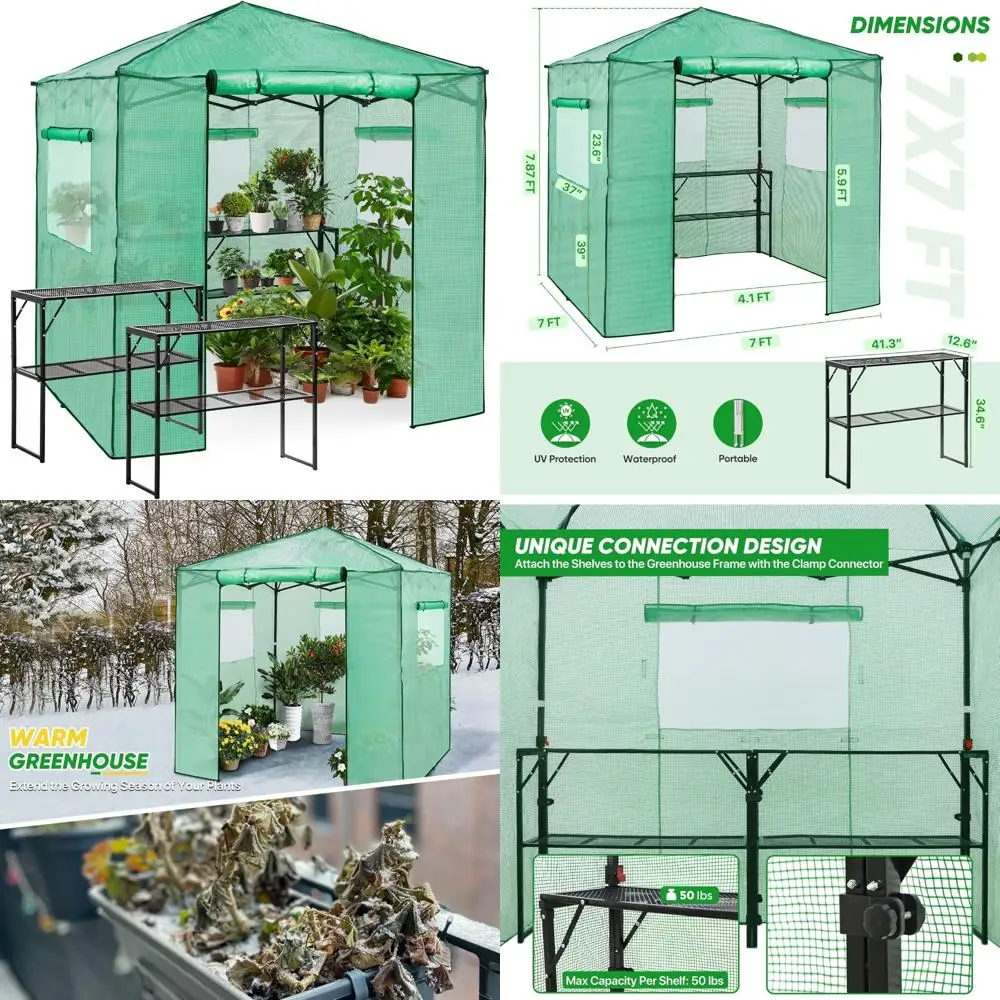 

Portable 7x7 Walk-in Greenhouse for Outdoor Gardening with Foldable Shelves and Zipper Entry Door