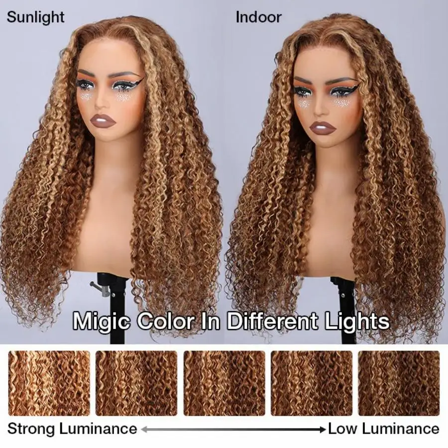 Deep Wave Honey Blonde Glueless Wigs 100% Human Hair Pre Cut Highlight Wear and Go Curly Wigs for Women Ombre HD Lace Front Wig image 4