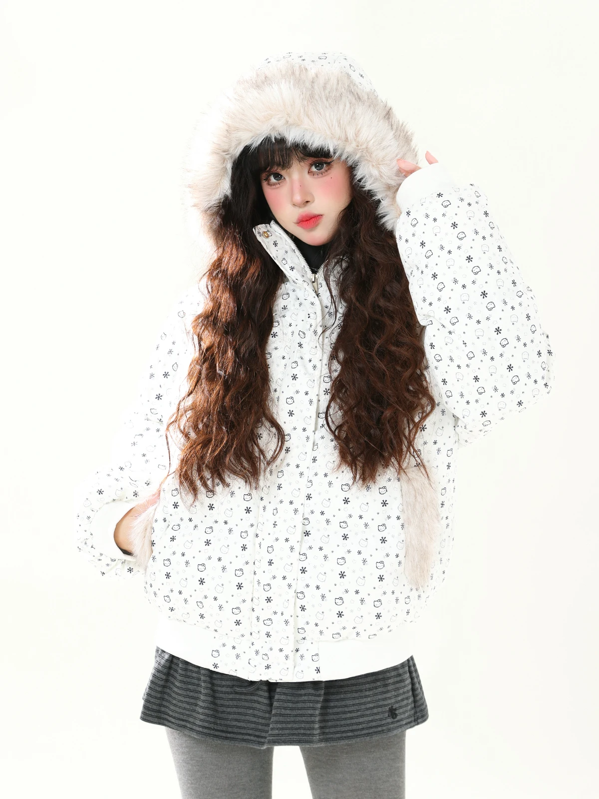 

ENJOG Sweet Cool Floral Cotton Jaet Women's Loose Casual Thi Warm Coat Hooded Zipper Closure Long Sve Winter Outerwear