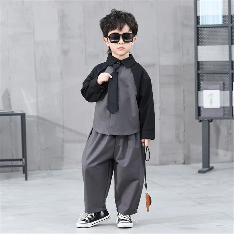 Boys Blouse +Pants Kids Suits Cotton 2PCS/Set 2024 Gray Spring Autumn Cotton Sportswear Suit Tracksuits Outfits Children Clothin