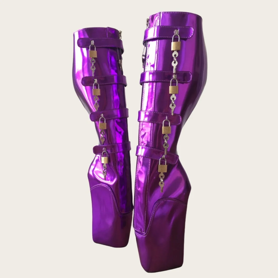 Women's Purple Metallic Patent Leather Platform Ballet Heel Boots Buckle Lock Detail Knee-High Design Bold for Parties Outfits