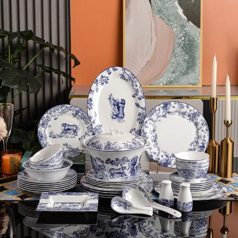 Bone China Western Food Plate Blue Tiger Series Hotel Western Food Steak Plate Bowl Combination