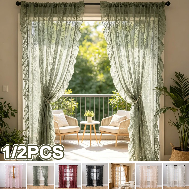 Romantic Floral Lace Sheer Curtain with Wavy Ruffle Side Translucent Sun Filtering Rod Pocket Window Curtain for Bedroom Cafe