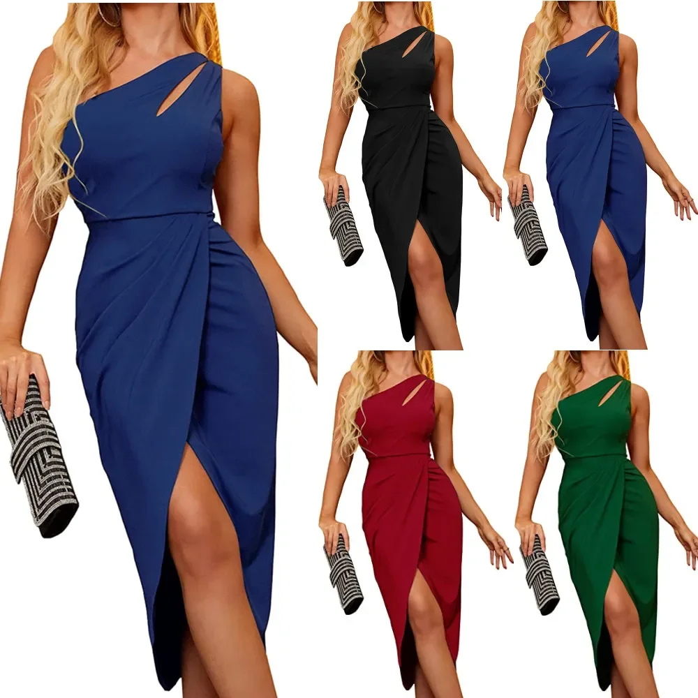 Summer Fashion New Hollow Backless Sleeveless Waist Dress Nightclub Vacation Split Solid Color Dresses