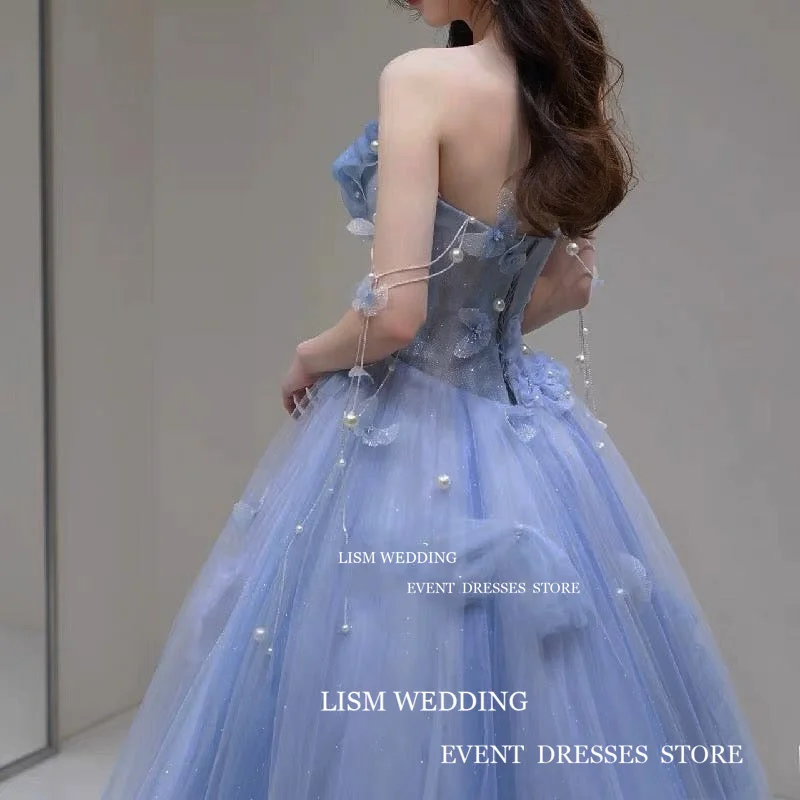 LISM Princess Dusty Blue Korea Evening Dress Bow Print A-Line Prom Gowns pearl sleeve Sweethart Long Formal Occasion Dresses