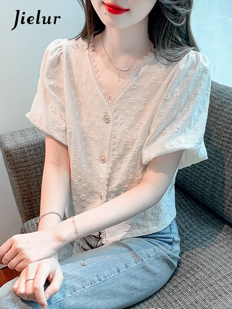 

Jielur Summer New French Lace Women Shirt Sweet Ladies Elegant Solid Shirt Woman Slim V-Neck Apricot Puff Sleeve Top Female