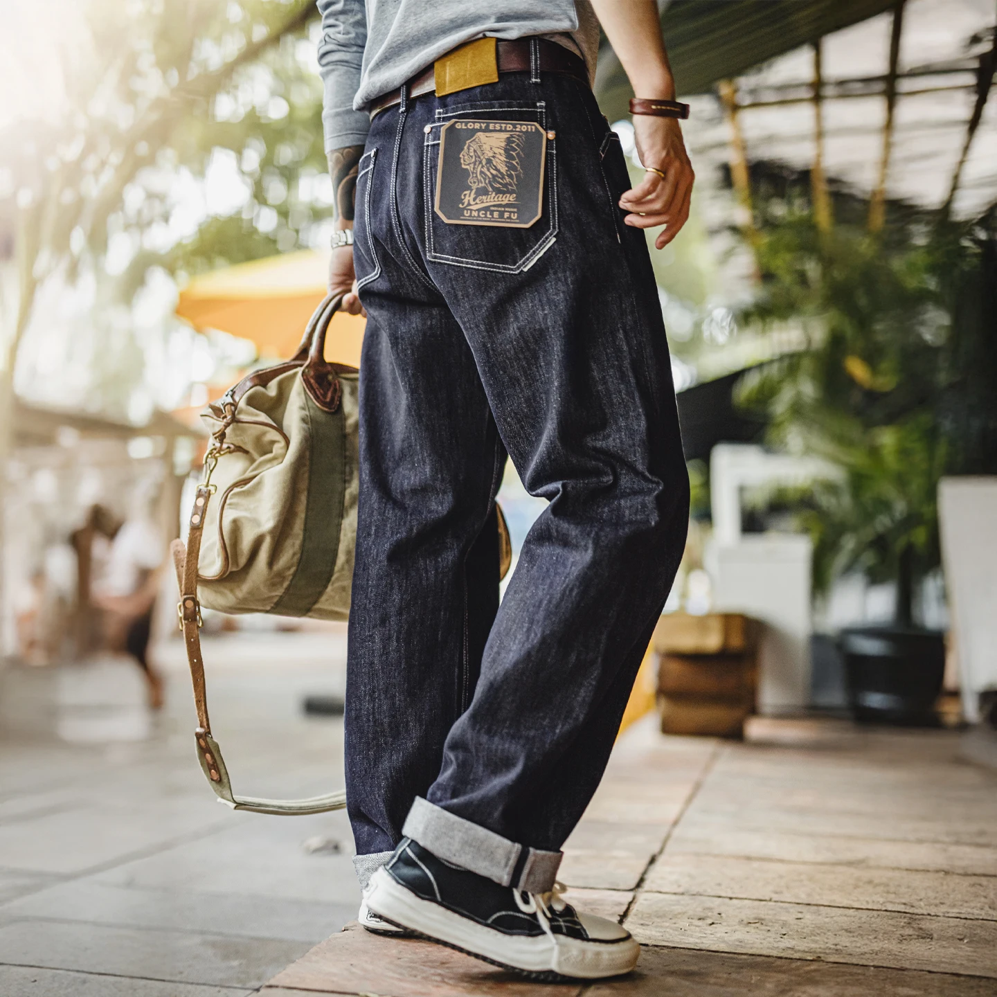 

Винтажные мужские джинсы Maden на 12 унций, прямые широкие брюки, свободные повседневные брюки на молнии на осень-зиму