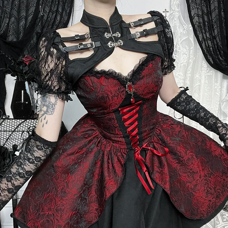 chinese dress ladies Gothic Ribbed Lace Corset Dress Set Skirt / XL
