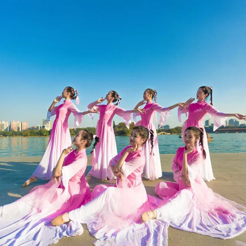 Vestido de baile clásico chino rosa para mujer, ropa para el escenario, Festival, baile de abanico Vintage