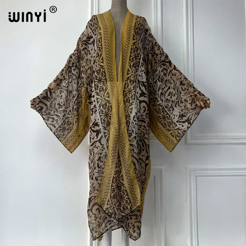 WINYI Africa Leopard print summer kimono maxi dress beach cover up Cardigan boho sexy coat abayas kaftan beach outfits women