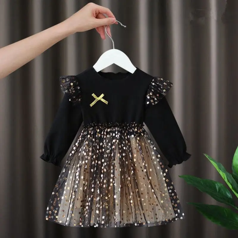 

1-6Y Kids Girl Cotton Star Tulle Puff Dress Autumn Baby Sparkle Princess Party Dress Long Sleeve Cute Tutu Dress Girl Clothes