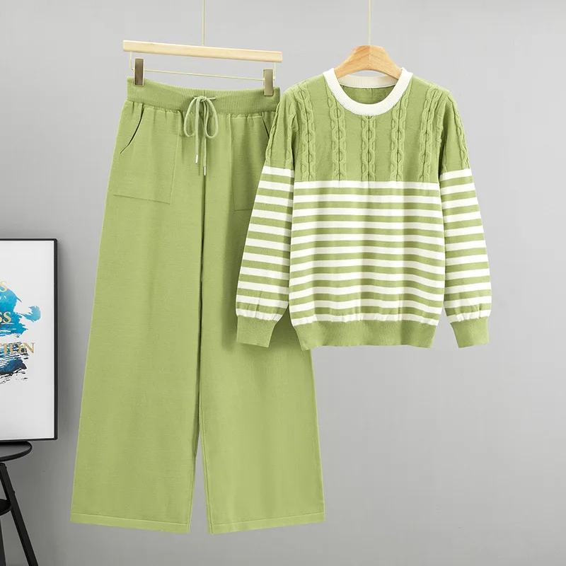 Maglione pullover a righe temperamento Pantaloni larghi larghi alla moda Set da due pezzi