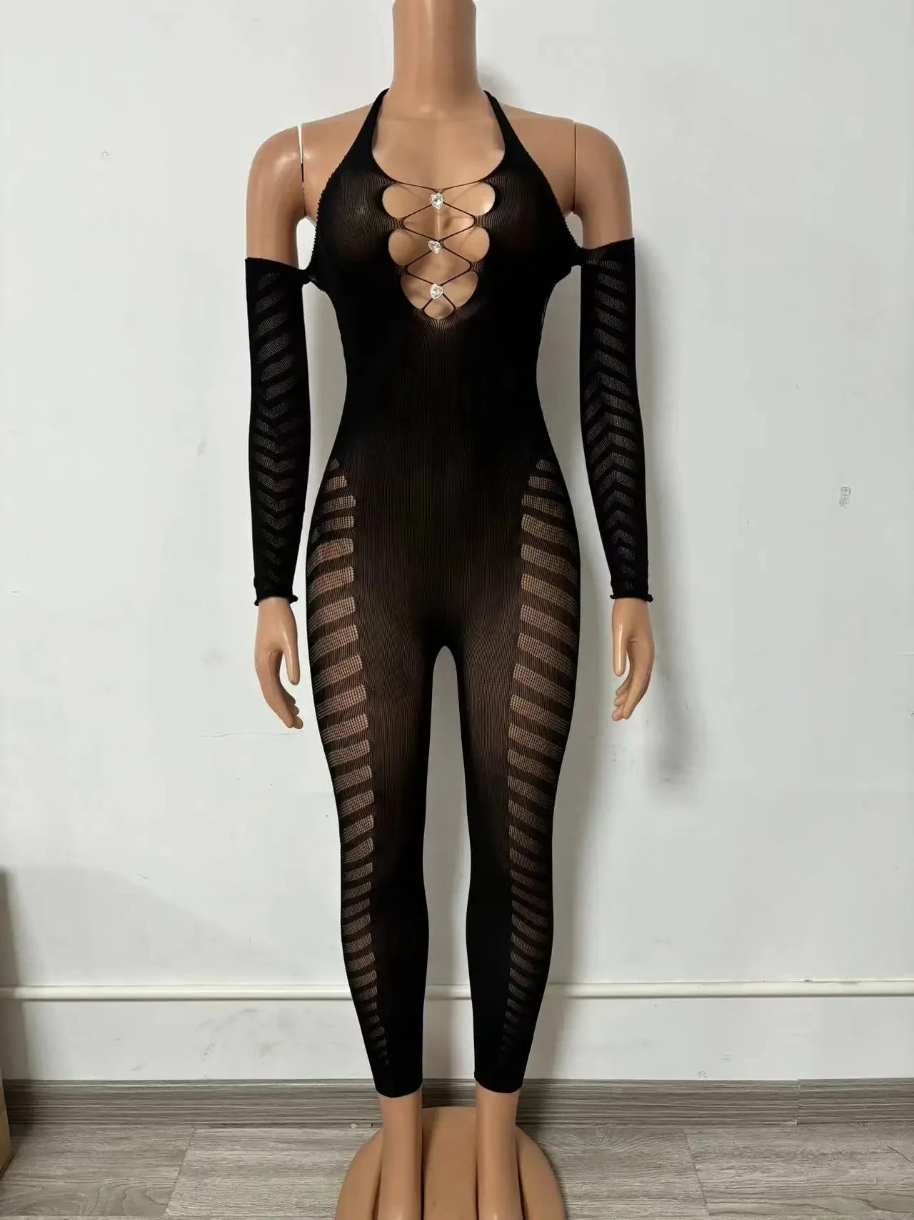 Mesh Jumpsuit Sexy Club Rhinestone Deep - Image 5