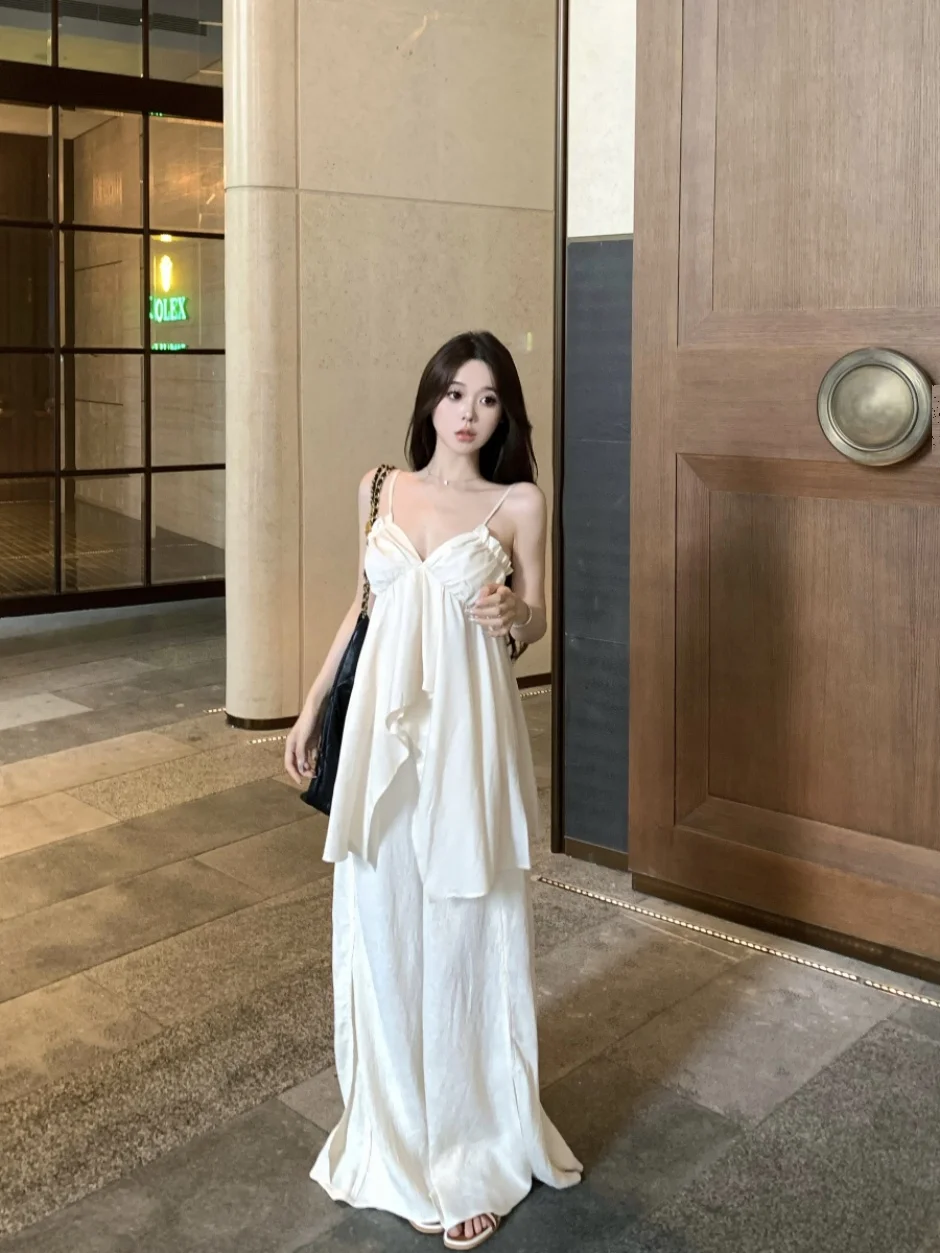 

Spicy Girl Gentle Wind Two-Piece Set Women's Wide Leg Pants Casual Summer Outfit Street Style Top And Bottoms Ensemble