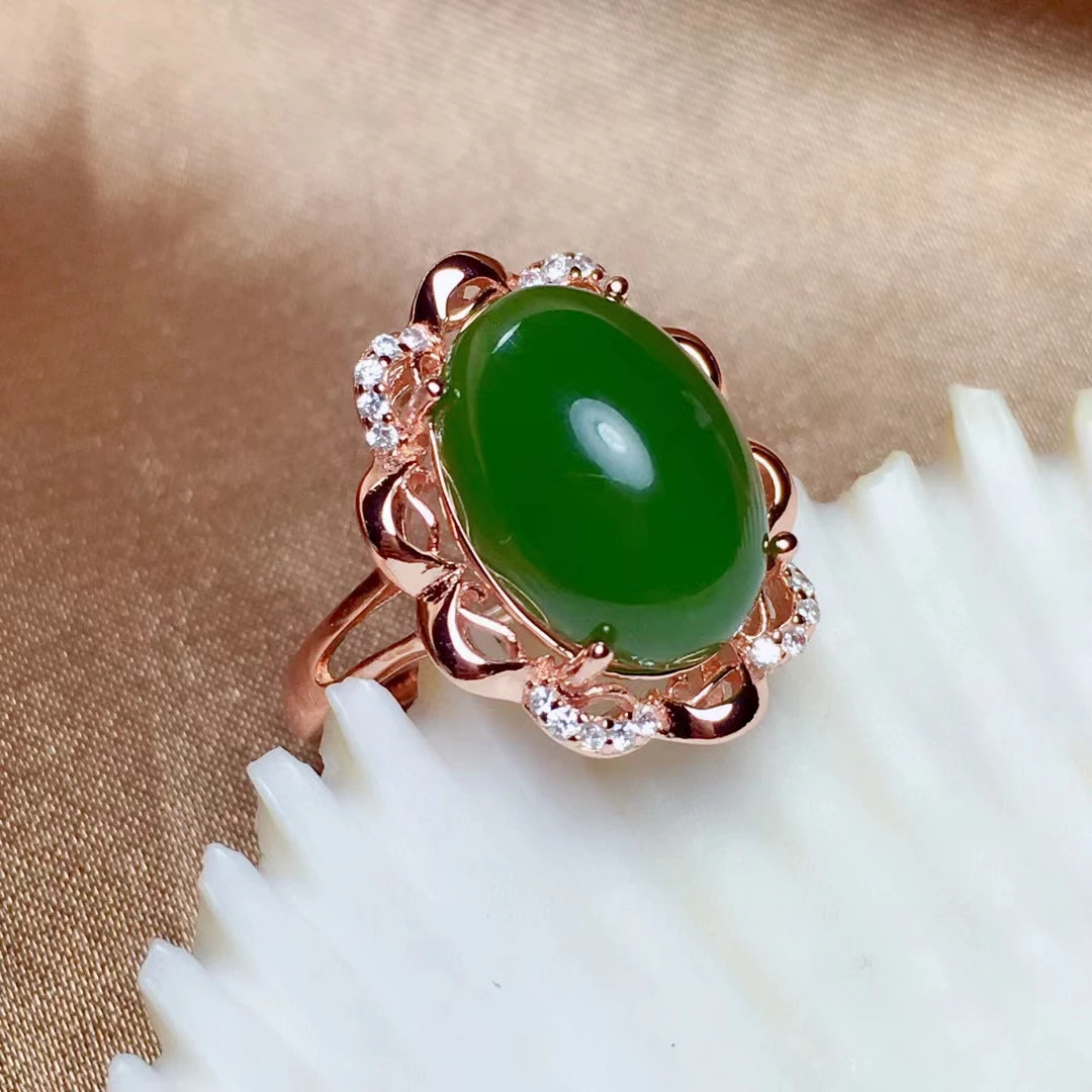 Vintage Green Jade Ring for Party 5ct 10mm*14mm Natural Chinese Jade Ring 925 Silver Jade Jewelry