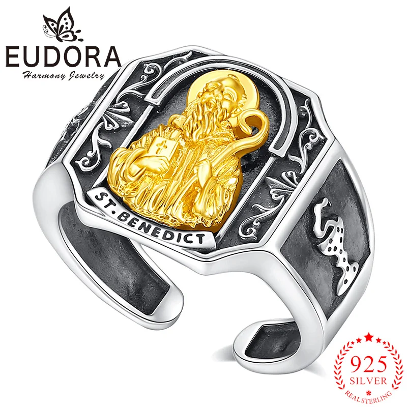 

Eudora Saint Benedict Medal Ring 925 Sterling Silver San Benito Adjustable Ring Religious Jewelry Gift for Men Women