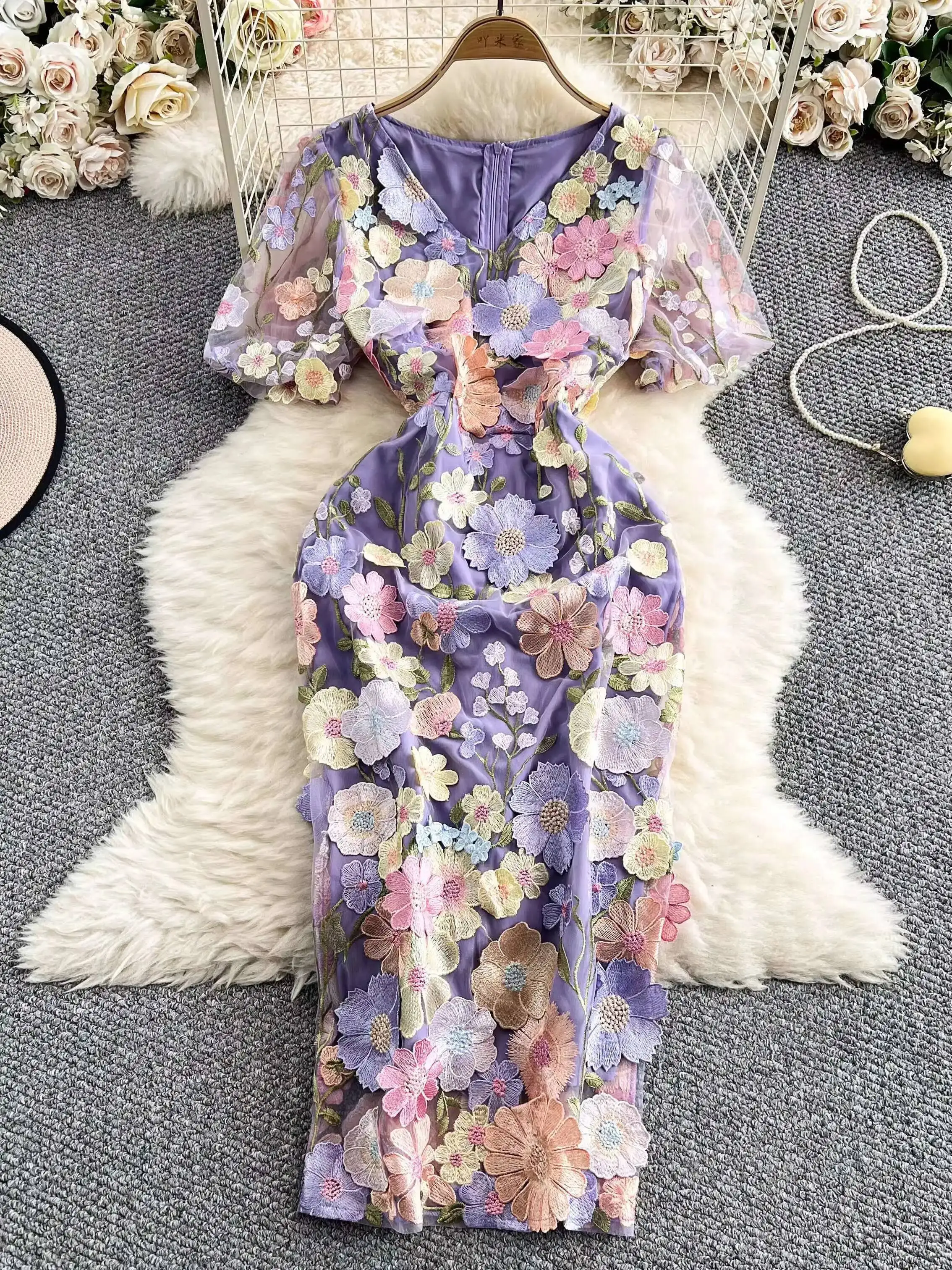 Verão de luxo midi vestidos longos festa elegante 3d flor bordado manga curta lápis tule baile formal vestido feminino