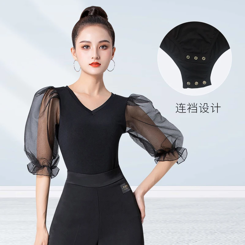 

Mesh Puff Sleeve V-neck Top Latin Dance Top Women's Clothes National Standard Chacha Rumba Tango Modern Dance Costumes DQL11435