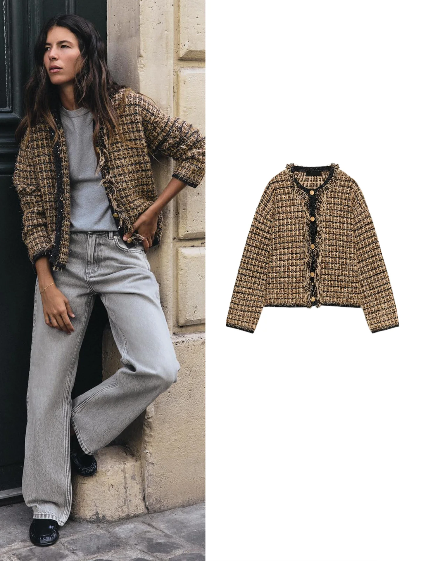 Fall New Arrival Women's Simple Long Sleeve round Neck Frayed Metal Color Knitted Jacket Short Style French Style Standard Fit