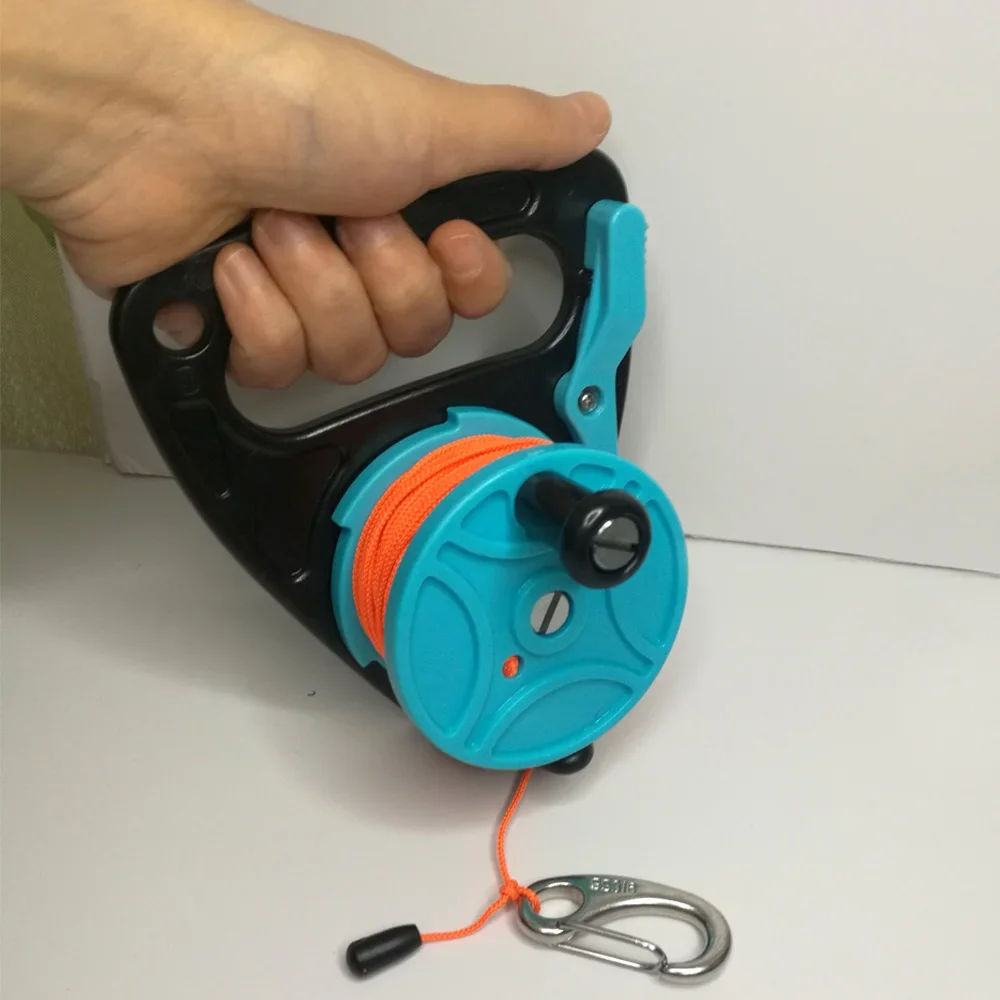 150ft Line SMB Dive Wreck Cave Diving Reel with Handle Thumb Stopper Clip Hook for Underwater Scuba Diving Diver Snorkeling