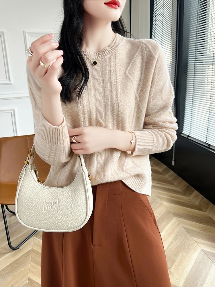 

Women Twist Flower Pullover Autumn Winter Cashmere Sweater 100% Merino Wool Knitwear Female O- Neck Grace Soft Clothes New Top