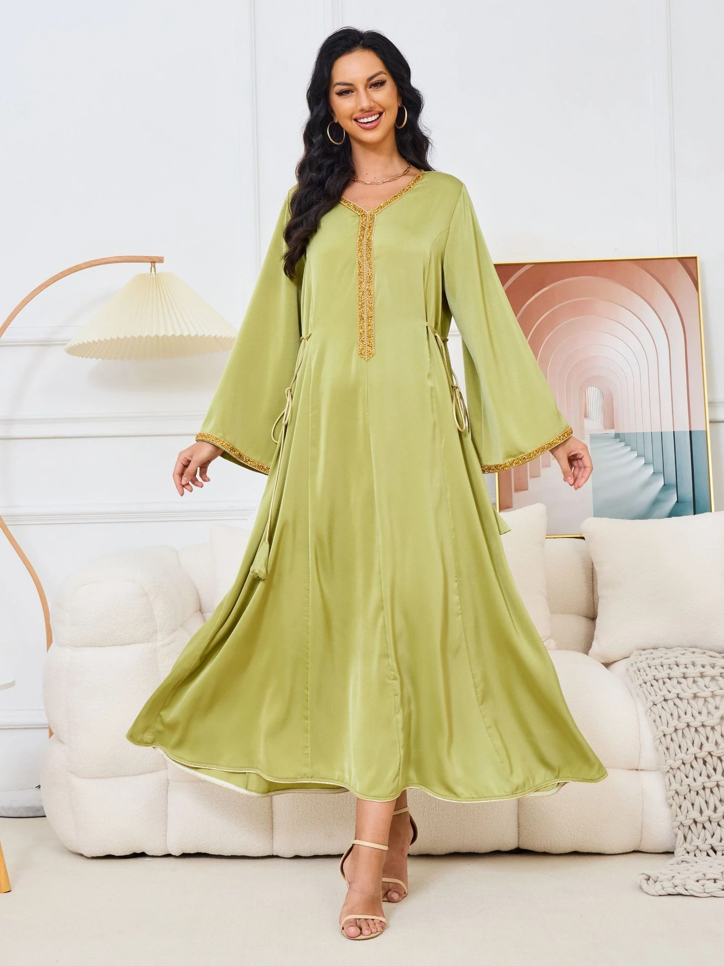 Vestido musulmán Eid para mujer, Abaya con diamantes y cordones, Jalabiya, Marruecos, Dubai, Abayas, Islam, túnica larga árabe