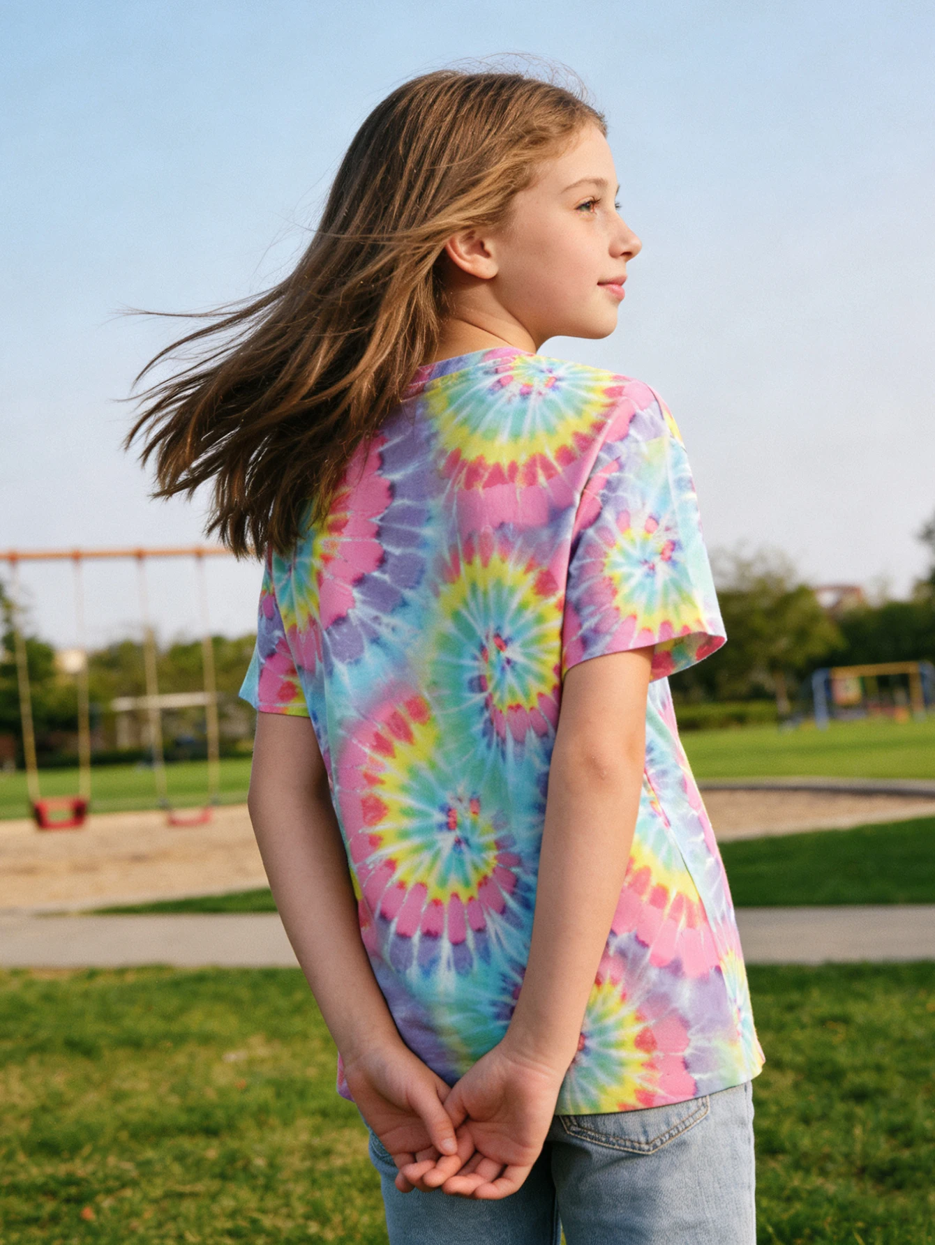 2026 girls rainbow spiral tie-dye short-sleeved T-shirt, loose summer casual top for older children